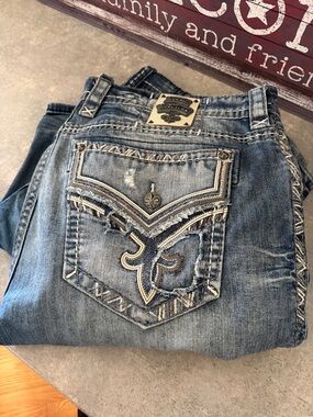 Rock Revival Men’s Bootcut Jeans - Faded Blue with White Stitching